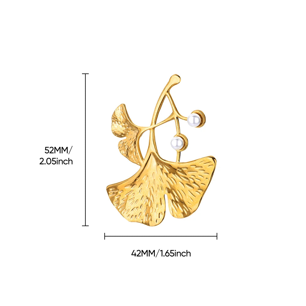 Ginkgo bladeren broche – delicaat design met parel en rvs