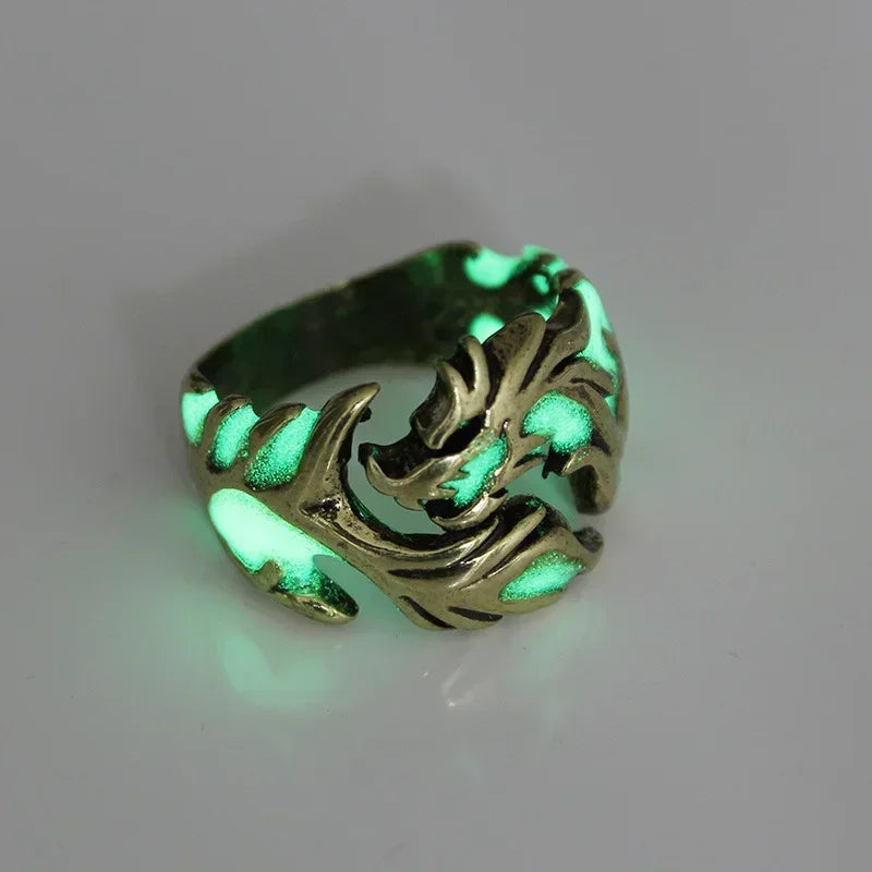 Glow in the dark draak ring – verstelbare roestvrijstalen gotische herenring
