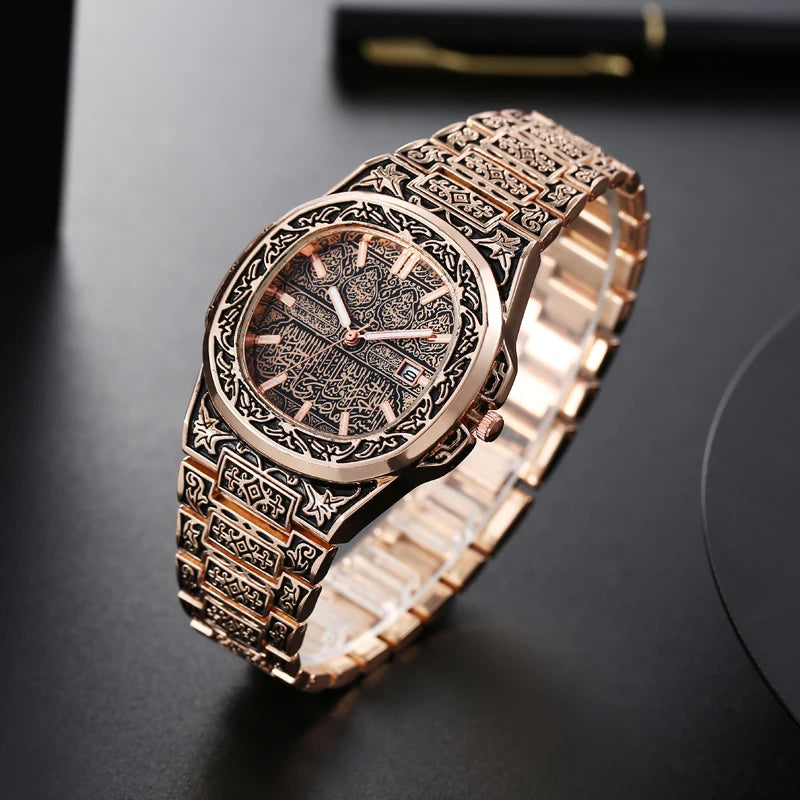 Vintage herenhorloge – luxe bloemenpatroon quartz polshorloge