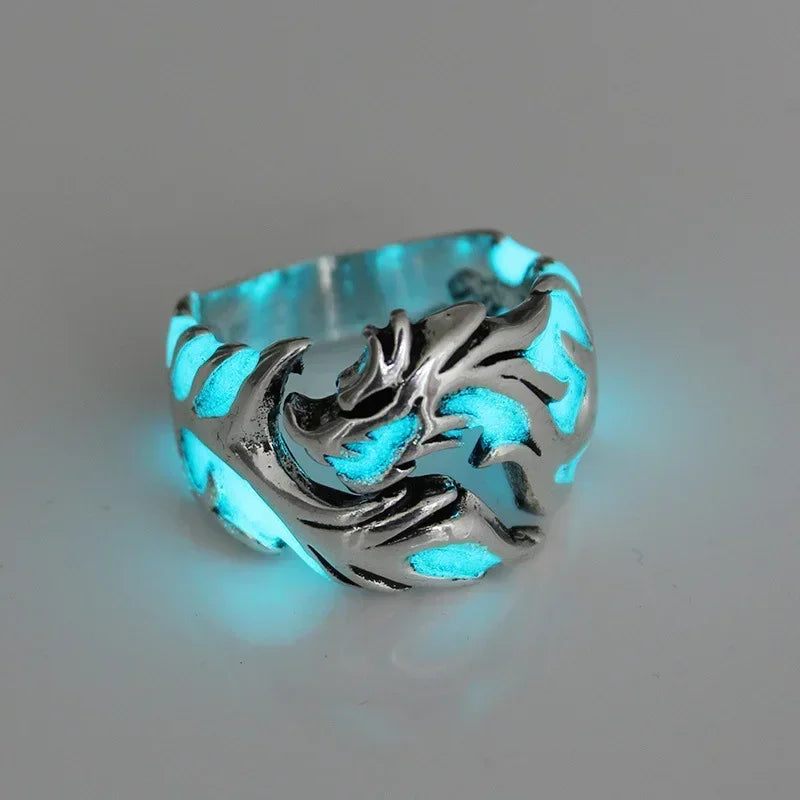Glow in the dark draak ring – verstelbare roestvrijstalen gotische herenring