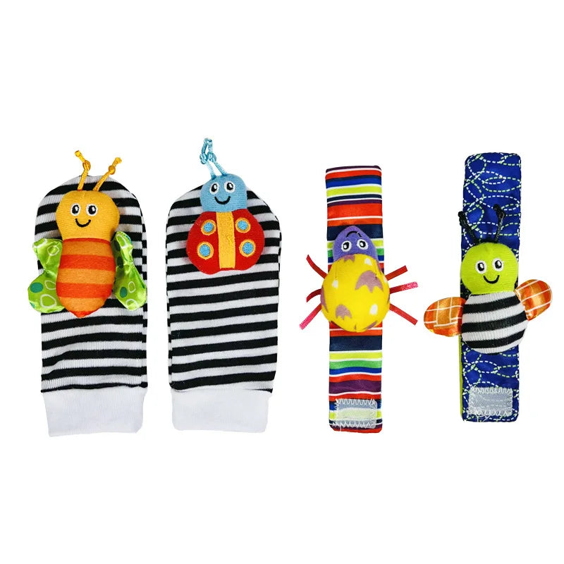 4-delige set baby rammel sokken en polsbandjes – schattige knuffeldier rammelaars voor baby's