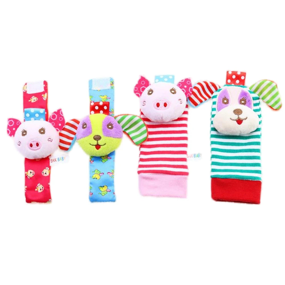 4-delige set baby rammel sokken en polsbandjes – schattige knuffeldier rammelaars voor baby's