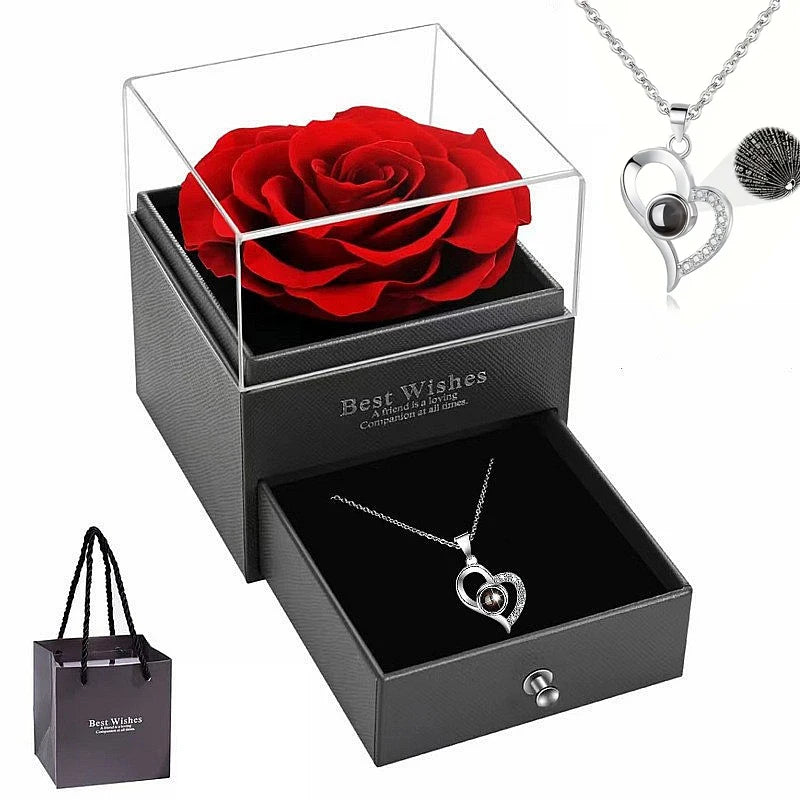 Hartvormige rode rozen halsketting met cadeaudoos – perfect cadeau voor valentijnsdag, jubileum, verjaardag of moederdag
