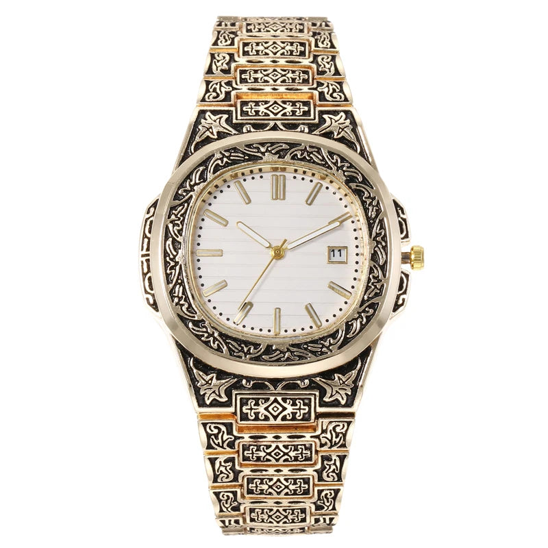 Vintage herenhorloge – luxe bloemenpatroon quartz polshorloge