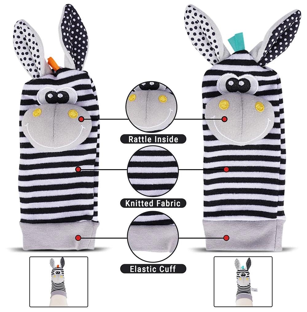 4-delige set baby rammel sokken en polsbandjes – schattige knuffeldier rammelaars voor baby's