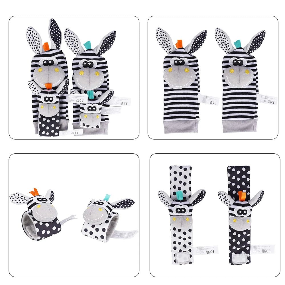4-delige set baby rammel sokken en polsbandjes – schattige knuffeldier rammelaars voor baby's