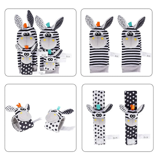 4-delige set baby rammel sokken en polsbandjes – schattige knuffeldier rammelaars voor baby's