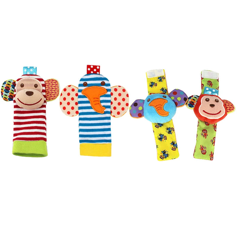 4-delige set baby rammel sokken en polsbandjes – schattige knuffeldier rammelaars voor baby's