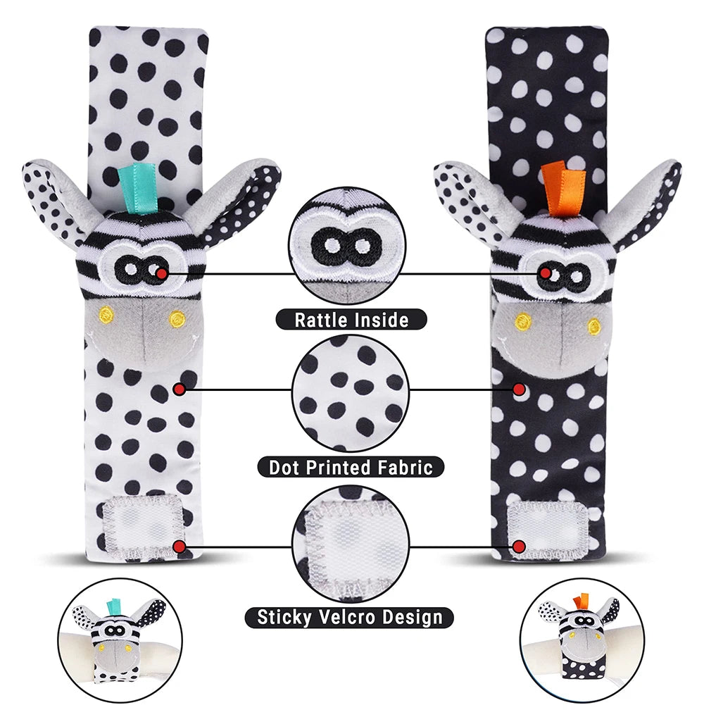 4-delige set baby rammel sokken en polsbandjes – schattige knuffeldier rammelaars voor baby's