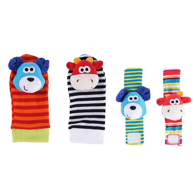 4-delige set baby rammel sokken en polsbandjes – schattige knuffeldier rammelaars voor baby's