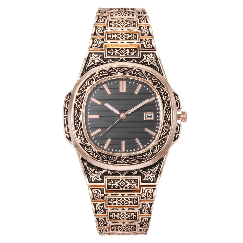 Vintage herenhorloge – luxe bloemenpatroon quartz polshorloge