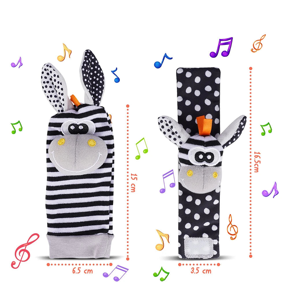 4-delige set baby rammel sokken en polsbandjes – schattige knuffeldier rammelaars voor baby's