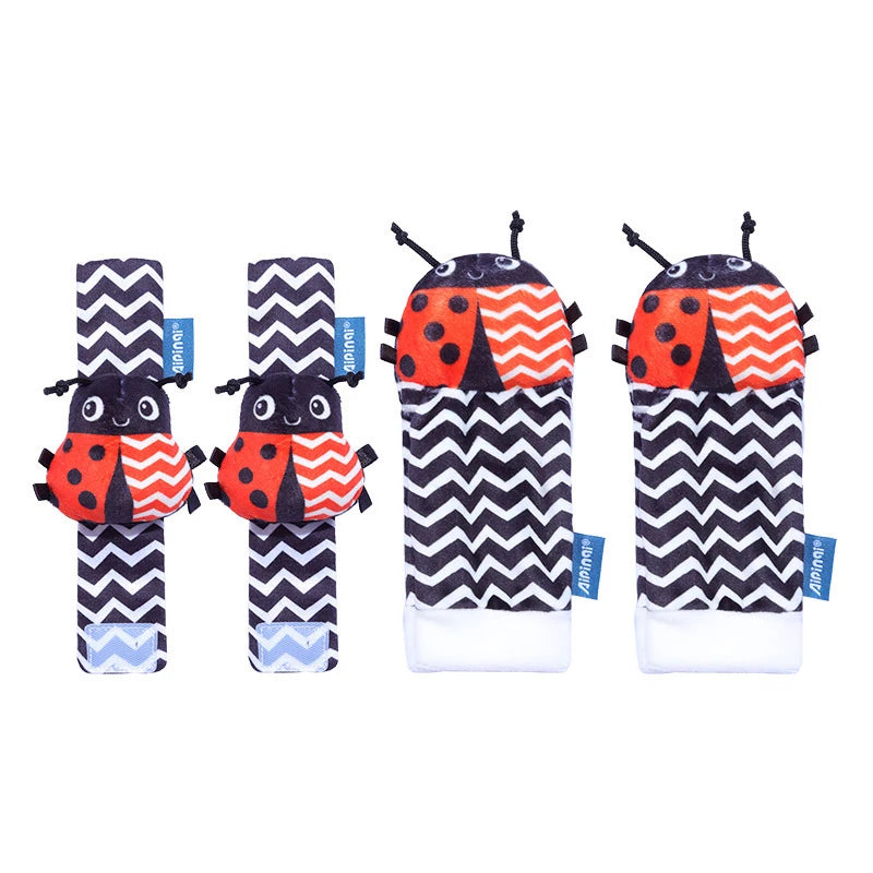 4-delige set baby rammel sokken en polsbandjes – schattige knuffeldier rammelaars voor baby's