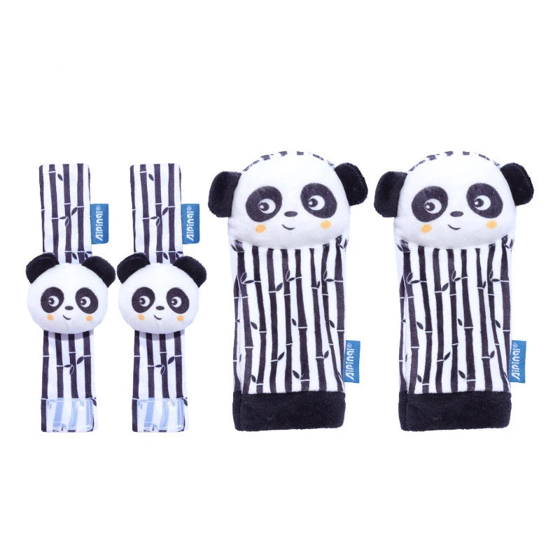 4-delige set baby rammel sokken en polsbandjes – schattige knuffeldier rammelaars voor baby's
