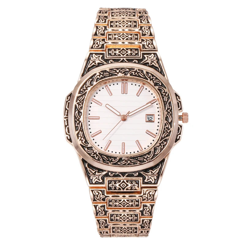 Vintage herenhorloge – luxe bloemenpatroon quartz polshorloge