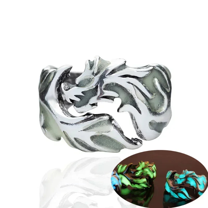 Glow in the dark draak ring – verstelbare roestvrijstalen gotische herenring