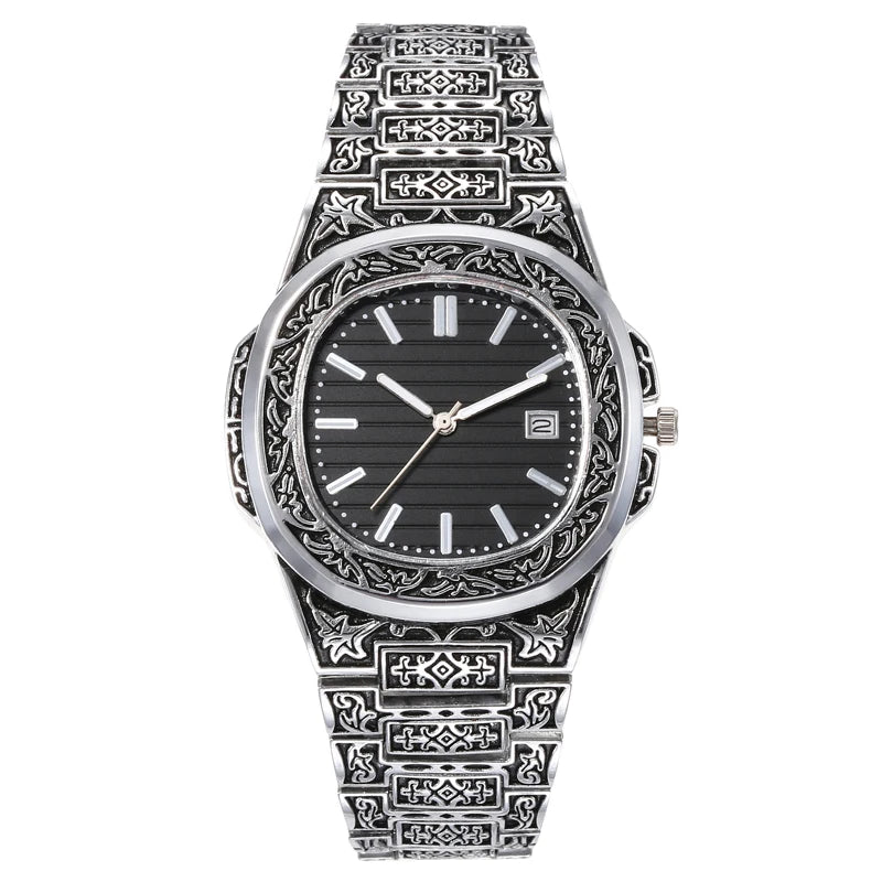 Vintage herenhorloge – luxe bloemenpatroon quartz polshorloge