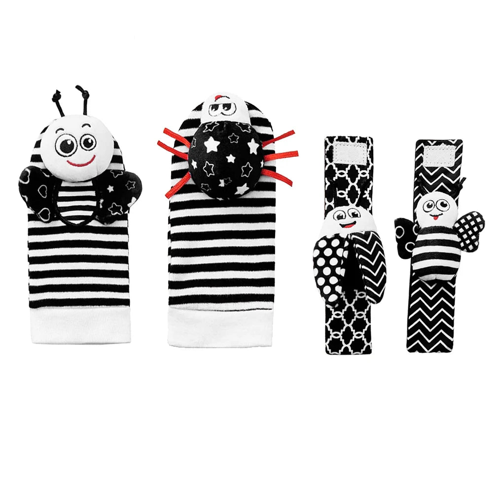 4-delige set baby rammel sokken en polsbandjes – schattige knuffeldier rammelaars voor baby's