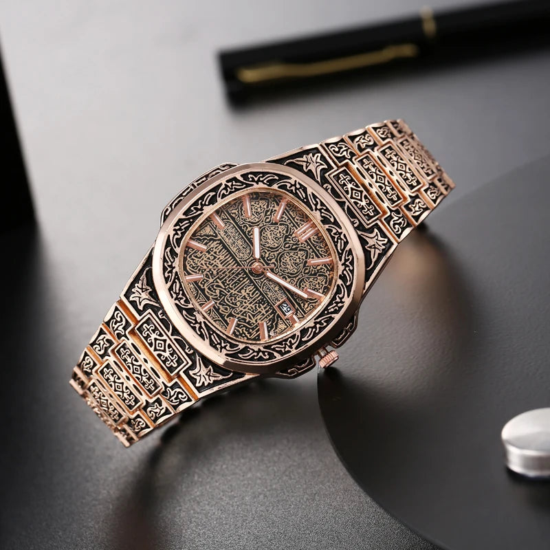 Vintage herenhorloge – luxe bloemenpatroon quartz polshorloge