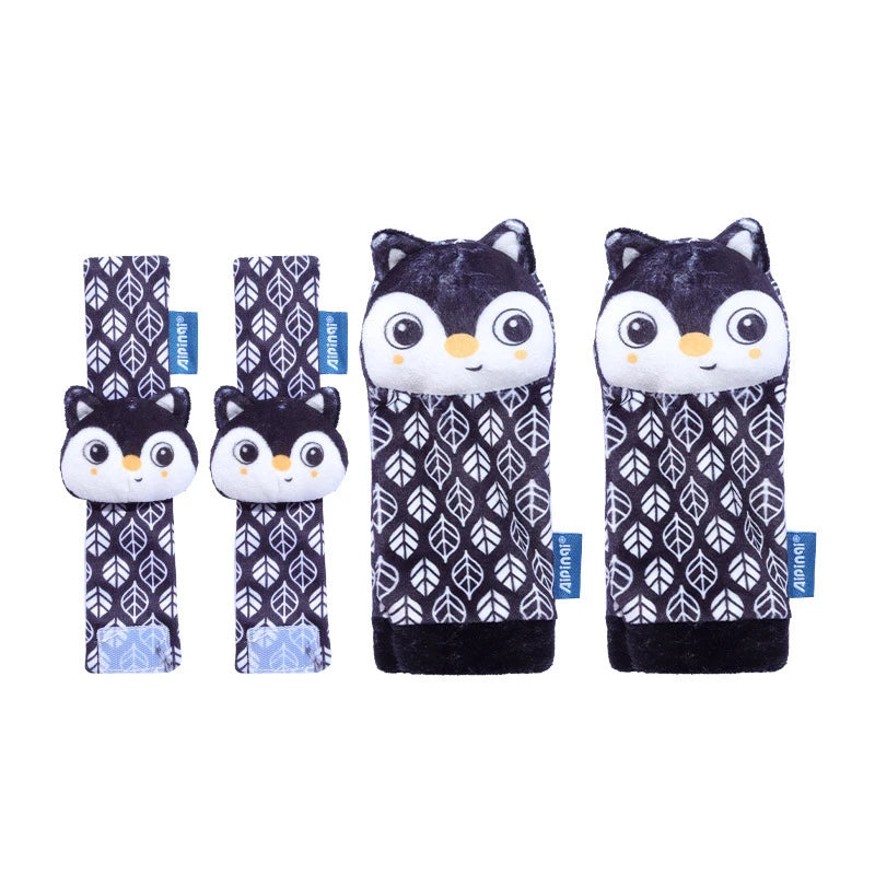 4-delige set baby rammel sokken en polsbandjes – schattige knuffeldier rammelaars voor baby's