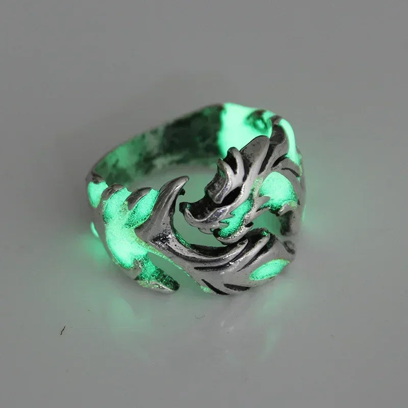 Glow in the dark draak ring – verstelbare roestvrijstalen gotische herenring