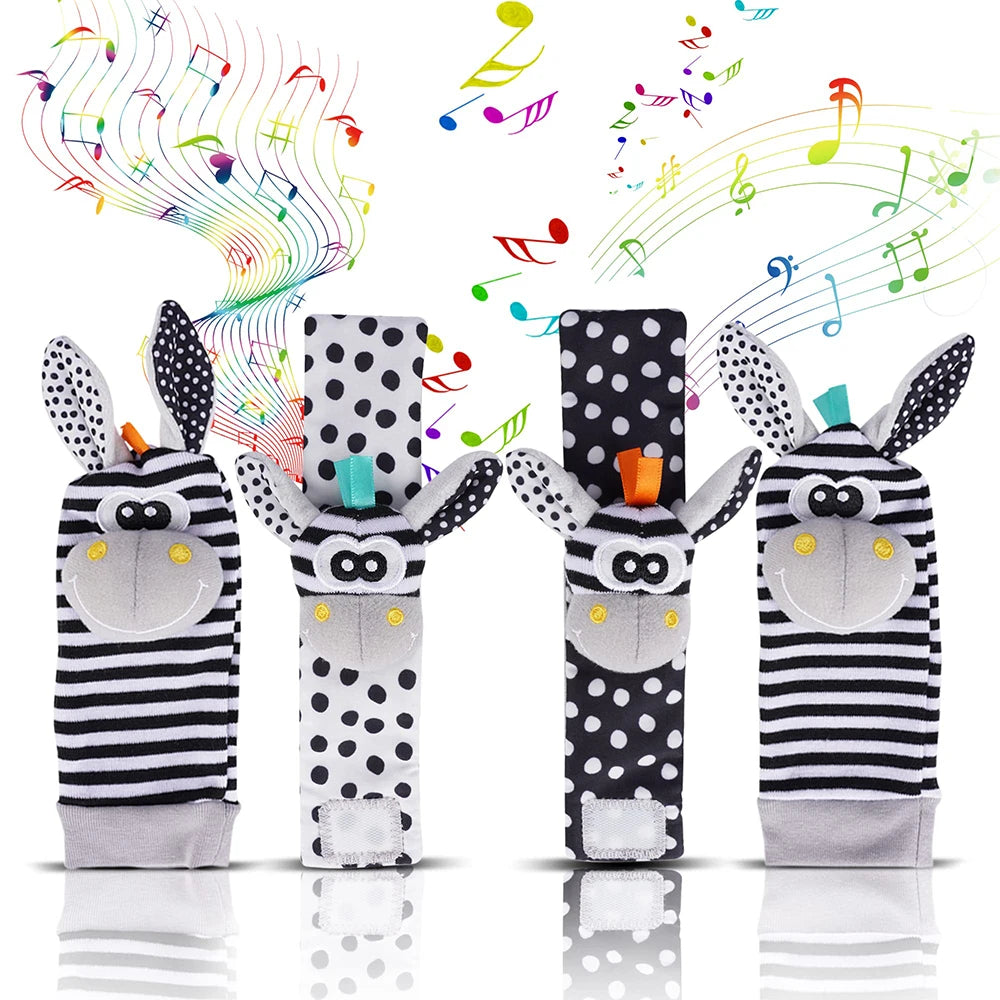 4-delige set baby rammel sokken en polsbandjes – schattige knuffeldier rammelaars voor baby's