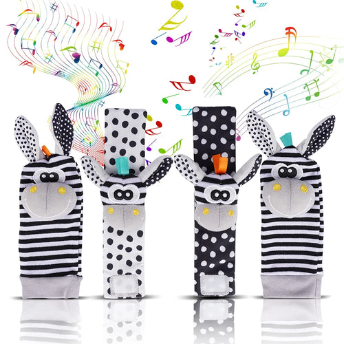 4-delige set baby rammel sokken en polsbandjes – schattige knuffeldier rammelaars voor baby's