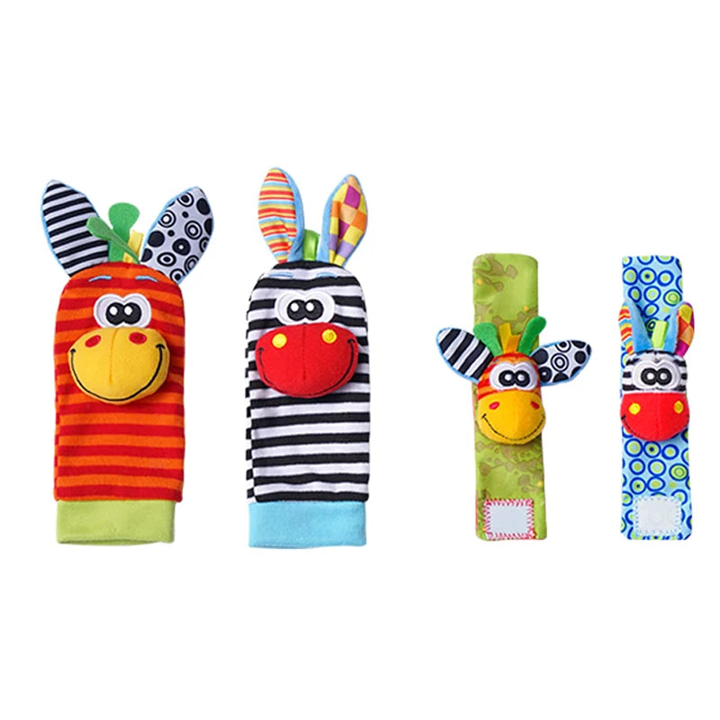 4-delige set baby rammel sokken en polsbandjes – schattige knuffeldier rammelaars voor baby's
