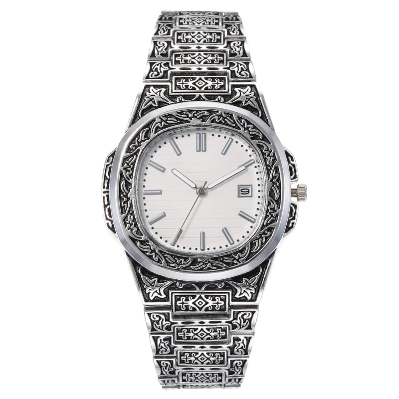 Vintage herenhorloge – luxe bloemenpatroon quartz polshorloge