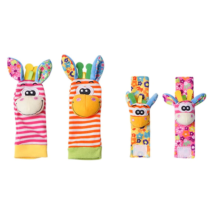 4-delige set baby rammel sokken en polsbandjes – schattige knuffeldier rammelaars voor baby's